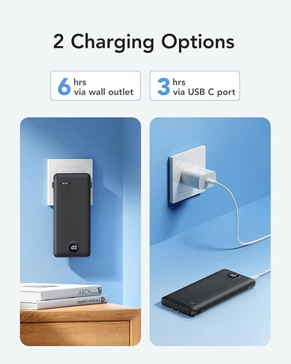 VRURC Portable Charger with Wall Plug, 10000mAh Slim Portable Charger Built in Cables,PD 20W Fast Charging Power Bank with Cords,USB C Portable Phone Charger Travel Accessories -Black(1 Pack)