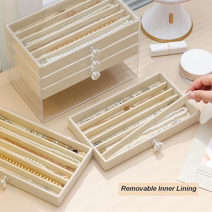SPAKOWN Necklace Organizer Box, Velvet Necklace Box Holder Tray with Clear Lid Chains Showcase Stackable Necklace Storage for Pendant Bracelet (5 Drawers - Beige)
