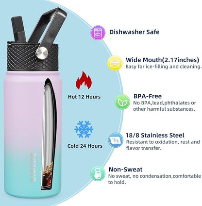 BJPKPK 2 Pack Insulated Water Bottles with Straw Lids, 18oz Stainless Steel Metal Water Bottle with 6 Lids, Leak Proof BPA Free Jugs, Cups, Flasks for Travel, Sports (Lavender Green+Black)