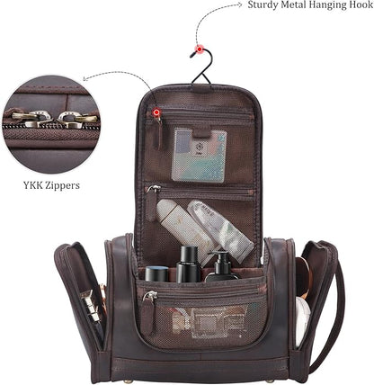 Polare Full Grain Leather Toiletry Bag Travel Dopp Kit Makeup Cosmetic Organizer Shaving Kit Wash Case with Hanging Hook
