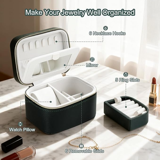 DesignSter Travel Jewelry Case,Small Jewelry Box with Mirror,Leather Material Travel Jewelry Case Organizer, Portable Jewelry Organizer with Zipper(Green
