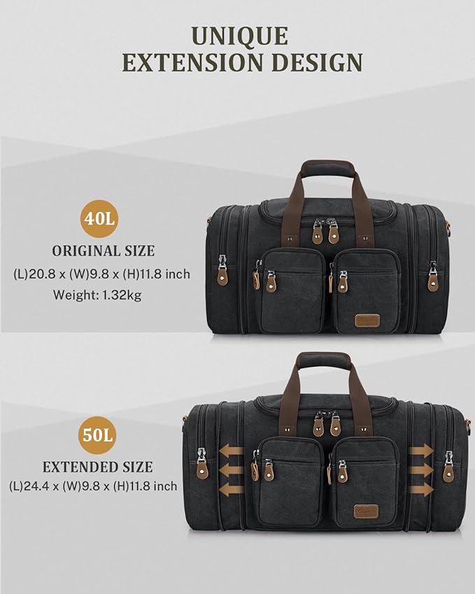 Gonex Canvas Duffle Bag for Travel, Expandable Water Resistant 50L Carry on Duffel Overnight Weekender Gym Bag with Wet Dry Separation Pocket & Suitcase Handle Sleeve, Dark Grey