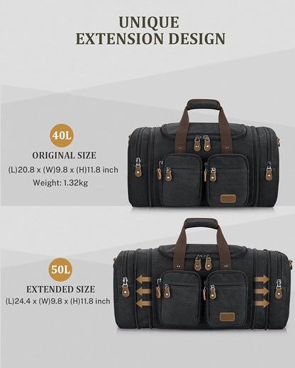 Gonex Canvas Duffle Bag for Travel, Expandable Water Resistant 50L Carry on Duffel Overnight Weekender Gym Bag with Wet Dry Separation Pocket & Suitcase Handle Sleeve, Dark Grey