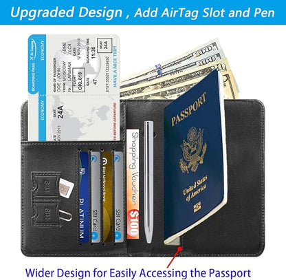 Airtag Passport Holder Cover Wallet Travel Essentials RFID Blocking Leather Card Case International Must Haves Travel Accessories for Women Men(119#Black)
