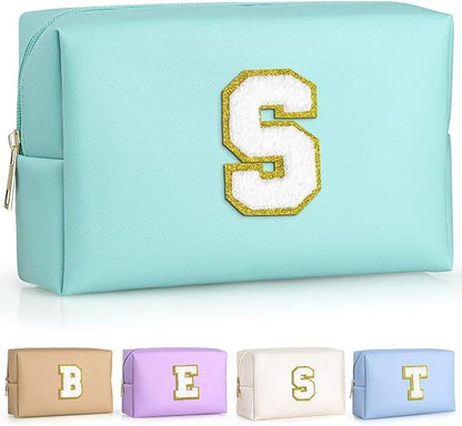 TOPEAST Initial Cosmetic Bag for Women, Preppy Small Makeup Bag, PU Leather Waterproof Toiletry Bag, Monogrammed Birthday Gifts for Women, Stuff for girls (Blue S)