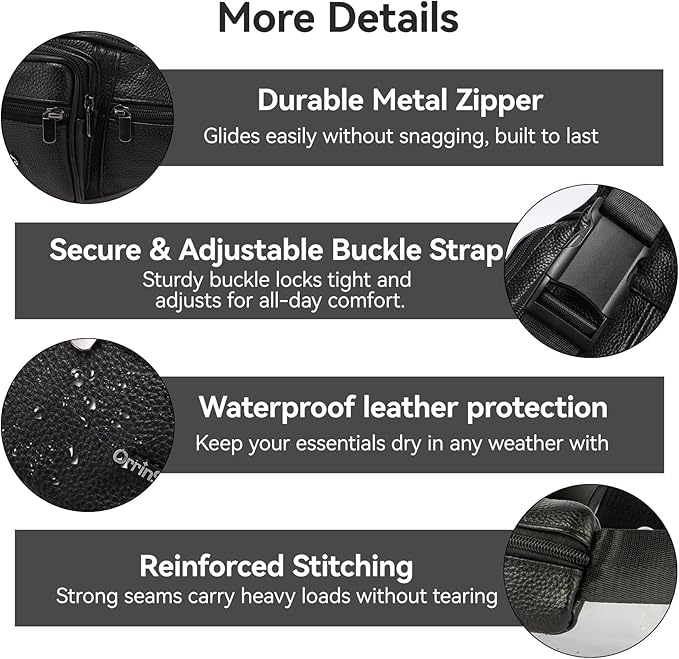 Genuine Leather Fanny Pack For Men and Women Multiple Pockets Waist Bag with Adjustable Strap for Travel Casual Sports Hiking Cycling Fishing Running Black Belt Bag