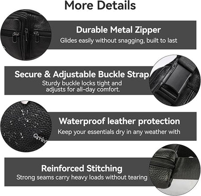 Genuine Leather Fanny Pack For Men and Women Multiple Pockets Waist Bag with Adjustable Strap for Travel Casual Sports Hiking Cycling Fishing Running Black Belt Bag