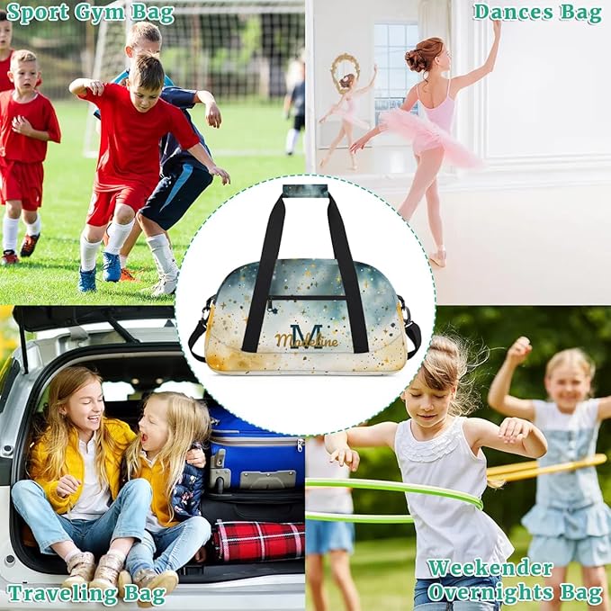 Personalized Kids Sports Duffel Bag with Name Custom Weekender Overnight Bag for Boys Girls Gym Bag Travel Dance Gymnastics Duffel Bag, Anstract Glitter Shiny Art