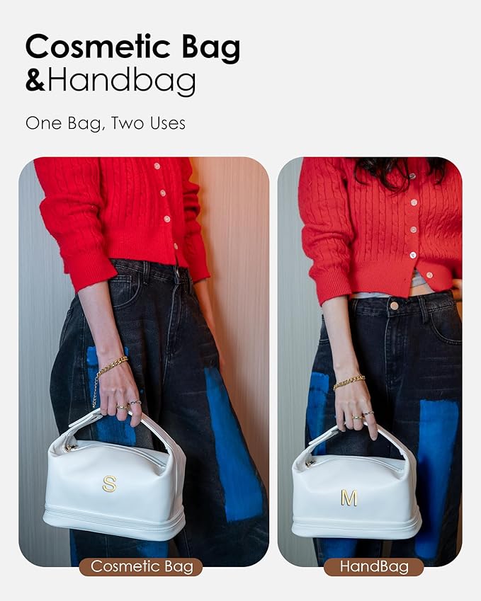 Letter Makeup Bags, Personalized Bags with Handle, Waterproof Double Layer Cosmetic Bag, Large Capacity PU Leather Makeup Bags Letter Travel Toiletry Bag with Makeup Brush Organizer