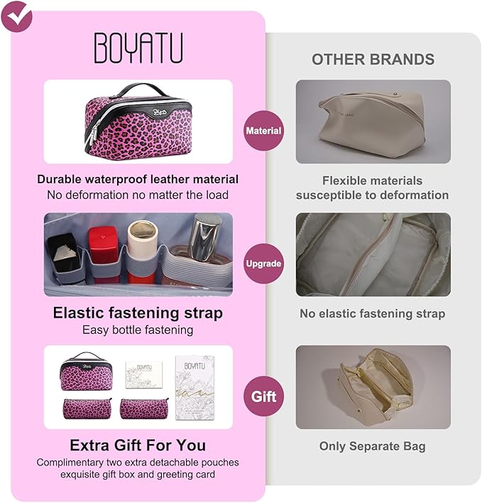 BOYATU Travel Makeup Bag for Women: 3 Pcs Set Portable Make up Bags with Handle - Leopard Print Cosmetic Bags with Comparments - Waterproof Vegan Leather Toiletry Bag (A-1-Red)