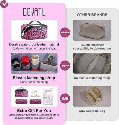 BOYATU Travel Makeup Bag for Women: 3 Pcs Set Portable Make up Bags with Handle - Leopard Print Cosmetic Bags with Comparments - Waterproof Vegan Leather Toiletry Bag (A-1-Red)