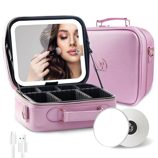 MOMIRA Travel Makeup Bag Cosmetic Bag with Lighted Mirror, Adjustable Brightness in 3 Color Scenarios/Detachable makeup mirror, All-round Upgrade, Waterproof, Gift for Women -Purple
