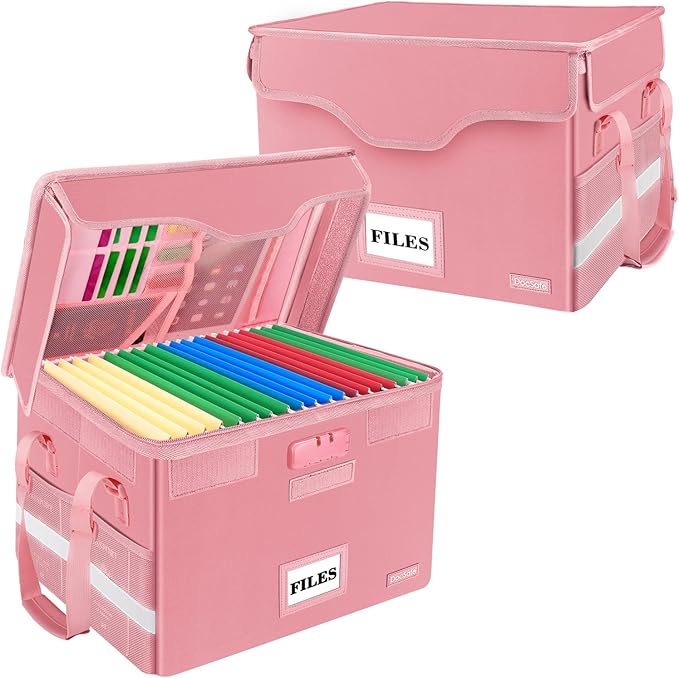 DocSafe Fireproof Document Box with Lock,File Storage Organizer with Pockets,Collapsible Portable File Box Home Office Safe Filing Cabinet with Handle for Hanging Letter/Legal Folders,Pink,2 Pack