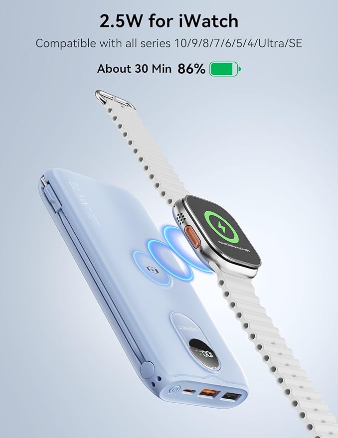 Portable Charger, 10000mAh 22.5W Fast Charging Power Bank with Built in Cable & Wall Plug, Travel Essential Battery Pack with LED Display, External Charger for iPhone, iWatch 11/10/9/8/Ultra/SE Blue