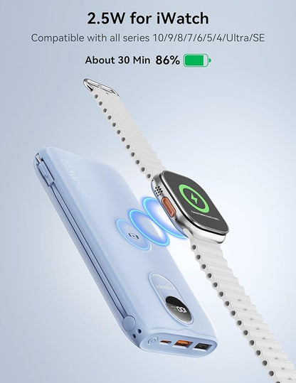 Portable Charger, 10000mAh 22.5W Fast Charging Power Bank with Built in Cable & Wall Plug, Travel Essential Battery Pack with LED Display, External Charger for iPhone, iWatch 11/10/9/8/Ultra/SE Blue