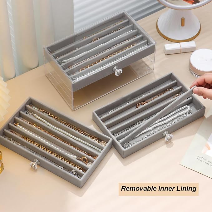 SPAKOWN Necklace Organizer Box, Velvet Necklace Box Holder Tray with Clear Lid Chains Showcase Stackable Necklace Storage for Pendant Bracelet (3 Drawers - Grey)