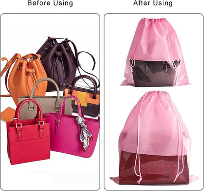 8PCS Dust Bags for Handbags Jumbo Travel Shoe Bags Purses Organizers Storage Bags with Rope Clear Window Dustproof Drawstring Bag Storage Pouch for Men and Women - Pink, 19.7 x 15.7 in