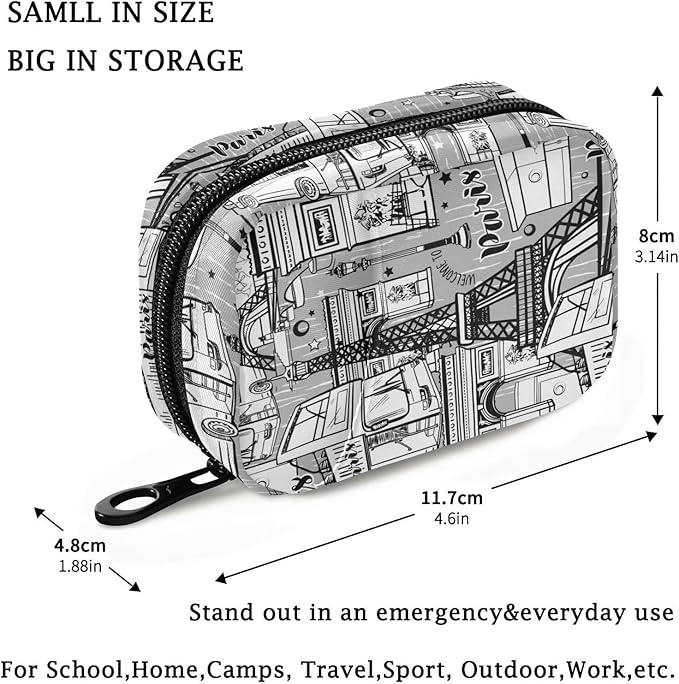 Fustylead Sights of Paris Travel Pill Case Bag with Zipper Weekly Pill Box 8 Compartments 7 Day Personal Pill Case Purse Medicine Case Organizer