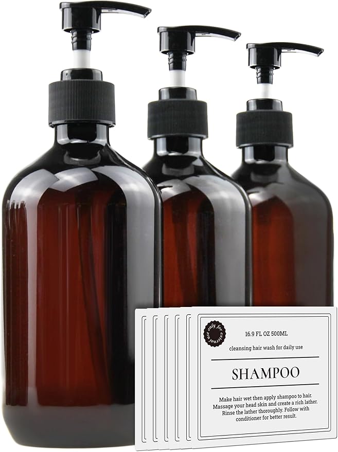 Empty Plastic Bottles with Pump Dispenser and Labels Included, Refillable Travel Containers for Hand sanitizer Shampoo Lotion, etc - No BPA/Parabenf, 500ml/16.9oz (Amber, 3 Pack)