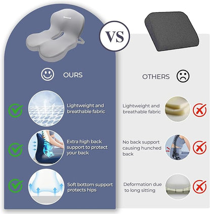 Memory Foam Seat Cushion for Sciatica & Back Pain Relief - Ergonomic Chair Pad with Adjustable Strap & Supportive Comfort Cover, Non-Slip for Car, Truck, Office Chair - Light Gray