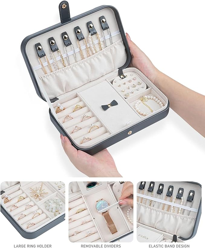 2-Layer Travel Jewelry Box for Women, Portable Jewelry Organizer with Mirror & Removable Dividers, PU Leather Jewelry Case – Gift for Wife, Mom, Girlfriend (Gray White)
