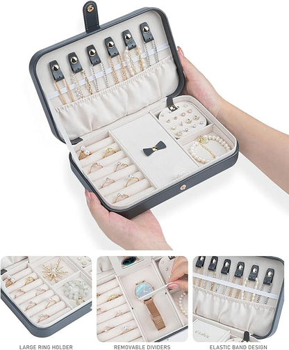 2-Layer Travel Jewelry Box for Women, Portable Jewelry Organizer with Mirror & Removable Dividers, PU Leather Jewelry Case – Gift for Wife, Mom, Girlfriend (Gray White)