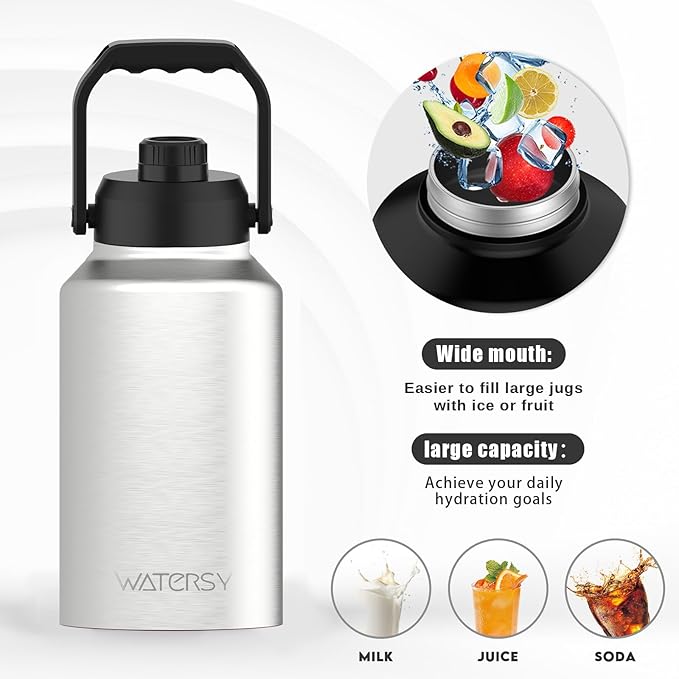 WATERSY 2/3 Gallon Water Bottle Insulated(Cold for 48 Hrs),BPA Free&Leak Proof,87oz Stainless Steel Water Jug/Flask,Big thermo,Large Water Bottle with Handle for Gym,Hiking,Camping,Stainless