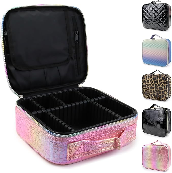 Travel Makeup Case 3 Layers Portable Makeup Train Case Cosmetic Bag Organizer Storage for Women with Adjustable Dividers and Shoulder Strap for Toiletry Travel Accessories(pink)
