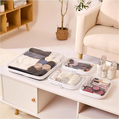 4 pcs Zipper Pouches Set, XL Hard Shell Storage Bag with 3 Medium Minus Travel Cases, Stackable Toiletry Organizer, Cosmetic Bag, Transparent Travel Storage (XL + 3 M-)