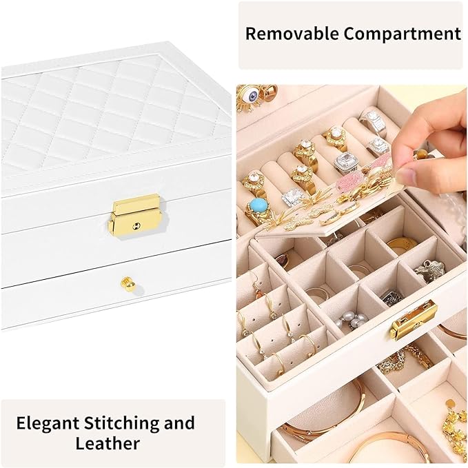 GUOER Jewelry Box for Women Girl Wife - Large PU Leather Jewelry Organizer Storage Case with Two Layers Display for Earrings Bracelets Rings Watches (White)