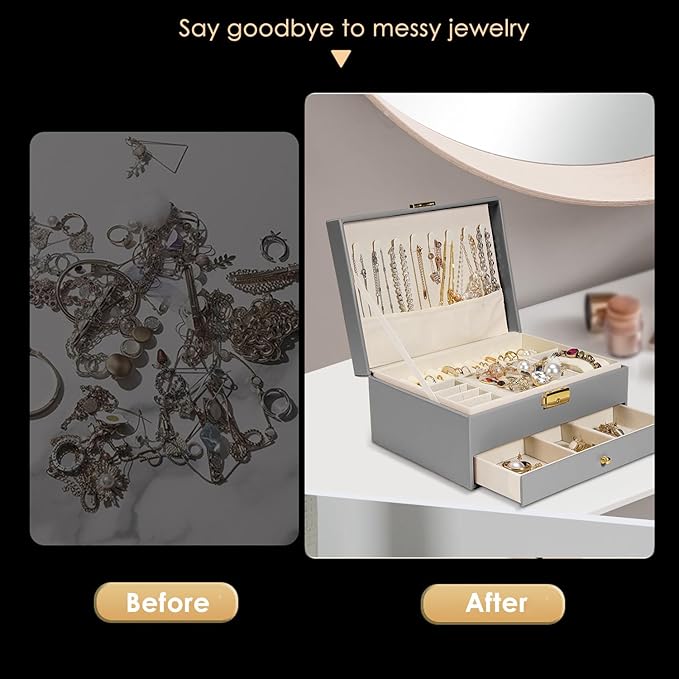 GUOER Jewelry Box for Women Girl Wife - Large PU Leather Jewelry Organizer Storage Case with Two Layers Display for Earrings Bracelets Rings Watches (Grey)