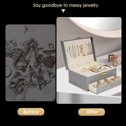 GUOER Jewelry Box for Women Girl Wife - Large PU Leather Jewelry Organizer Storage Case with Two Layers Display for Earrings Bracelets Rings Watches (Grey)