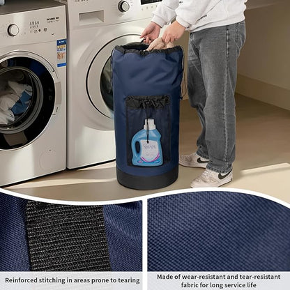Laundry Bag Backpack with Shoulder Straps and Mesh Pocket Foldable Clothes Hamper Bag with Drawstring Closure for College, Apartment, Laundromat (Dark Blue)