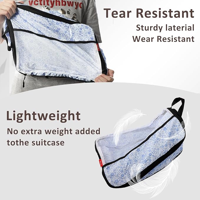 U+U 6 Set Compression Packing Cubes - Ultralight Travel Organizers with Laundry Bag, Space-Saving Suitcase Organizer for Travel, Business Trip and Family Vacation (Blue Flower)