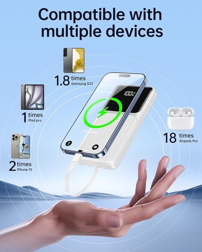 Portable Charger with Built in Cable - Power Bank Fast Charging USB C LED Display 10000mah Battery Pack 5 Outputs & 3 Inputs for Travel Essentials iPhone Samsung Android Phones Tablets White