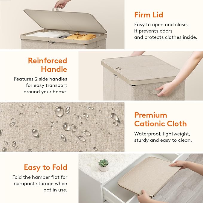 Lifewit 145L Laundry Basket with Lid, Large Laundry Hamper with Plastic Handles and Removable Bag, Foldable Tall Dirty Clothes Hampers for Laundry for Laundry Room, Bedroom, Bathroom, Dorm, Beige