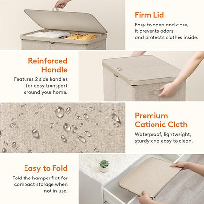 Lifewit 145L Laundry Basket with Lid, Large Laundry Hamper with Plastic Handles and Removable Bag, Foldable Tall Dirty Clothes Hampers for Laundry for Laundry Room, Bedroom, Bathroom, Dorm, Beige