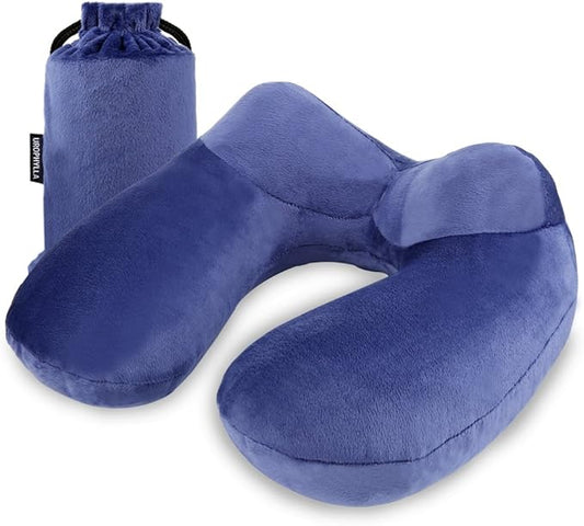 urophylla Inflatable Travel Pillow for Airplane, Soft Velvet Inflatable Travel Neck Pillow for Airplanes, Train, Car, Home and Office with Packsack & Comfortable Velvet - Blue