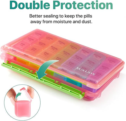 Sukuos Weekly Pill Organizer 7 Day 4 Times a Day, Moisture-Resistant Large Daily Pill Box Medicine Cases for Vitamin/Fish Oil/Supplements (Pink)