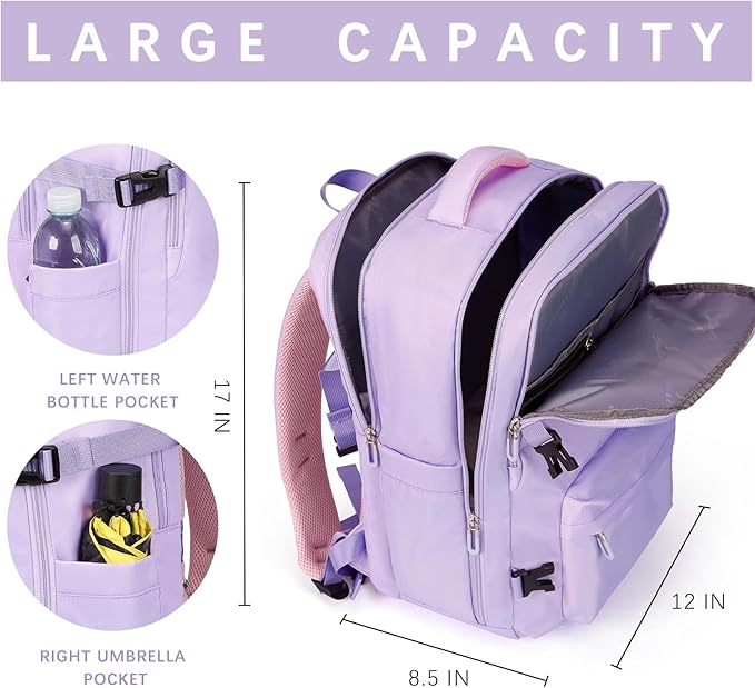 SHRRADOO Travel Laptops Backpack for Women Men, Casual Work Bag 17inch High School College Backpack Airline Approved Backpack for Hiking Business (Light Purple)