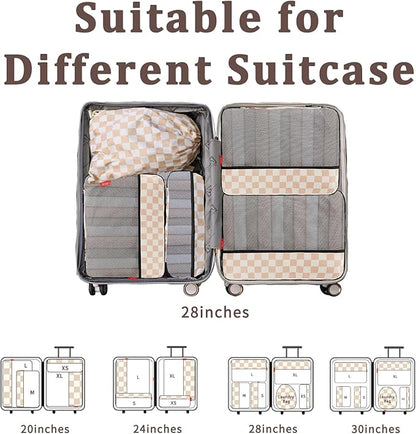 U+U 6 Set Compression Packing Cubes - Ultralight Travel Organizers with Laundry Bag, Space-Saving Suitcase Organizer for Travel, Business Trip and Family Vacation (Khaki Checkered)
