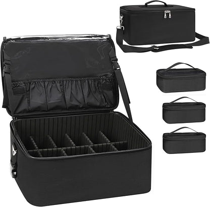 Relavel Makeup Bag Large Makeup Case Professional Cosmetic Storage Organizer Box Brush Holder with 3 Clear Set Bags for Makeup Artists with Shoulder Strap & Adjustable Dividers