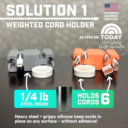 CordBrick Stocking Stuffers for Adults Cord Management Weighted Cord Holder Cable Wrap Phone Stand - Multiuse Gadget Organizer for Nightstand, Desk. Gift for Men, Durable Silicone. 4pk Light Gray