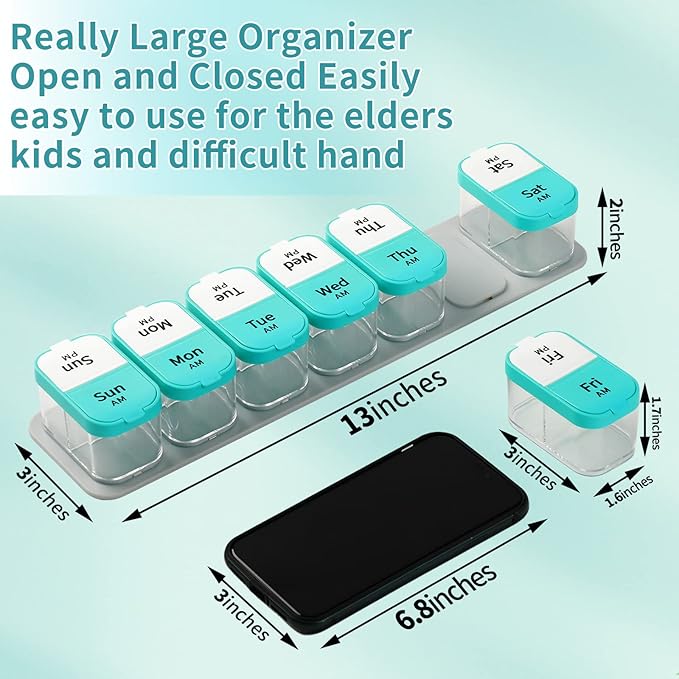 Daviky Large Weekly AM PM Pill Organizer - 7 Day, 2 Times a Day With Extra Large Compartments for Vitamins, Medicine, Supplements (Cyan)