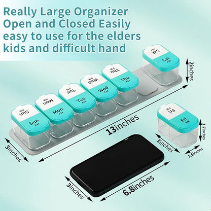 Daviky Large Weekly AM PM Pill Organizer - 7 Day, 2 Times a Day With Extra Large Compartments for Vitamins, Medicine, Supplements (Cyan)