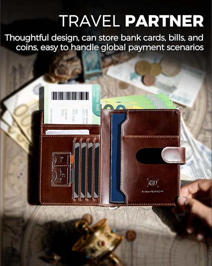 LORZOR Passport Holder for Travel: Full Grain Leather Passport Cover with Airtag Holder Magnetic Buckle for Men - RFID Blocking Bifold Wallet for Air Ticket Card Cash Coin (Brown)