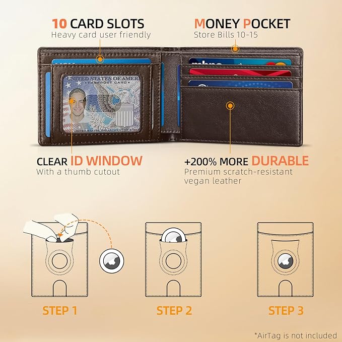 RUNBOX AirTag-Wallet-Mens-Slim-RFID Blocking Wallets Leather with Bill Compartment Air Tag Bifold Card Holder Wallet Gifts for Men Dad