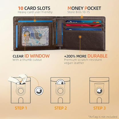 RUNBOX AirTag-Wallet-Mens-Slim-RFID Blocking Wallets Leather with Bill Compartment Air Tag Bifold Card Holder Wallet Gifts for Men Dad