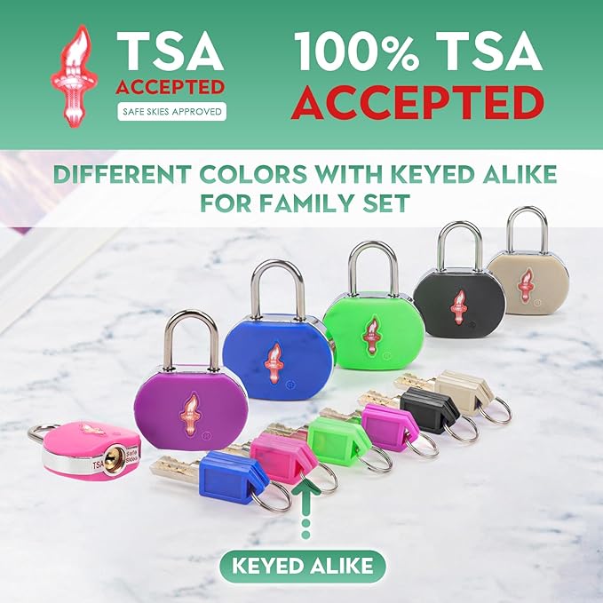 Lock for Luggage TSA Approved and 6 Tags, Luggage Lock with Key and Chrome Ring Around Body, Suit for Suitcase,Luggage,Backpack,Laptop Bag,Locker 6 Pack Color Mixed