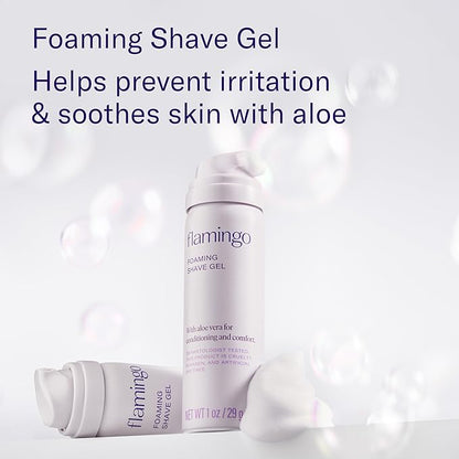 Flamingo Travel Razor Kit for Women – Body & Pubic Razor – Mini Handle, 2 Blade Refills, 2 Travel Size Foaming Shave Gels & Vented Travel Case – Perfect Stocking Stuffer